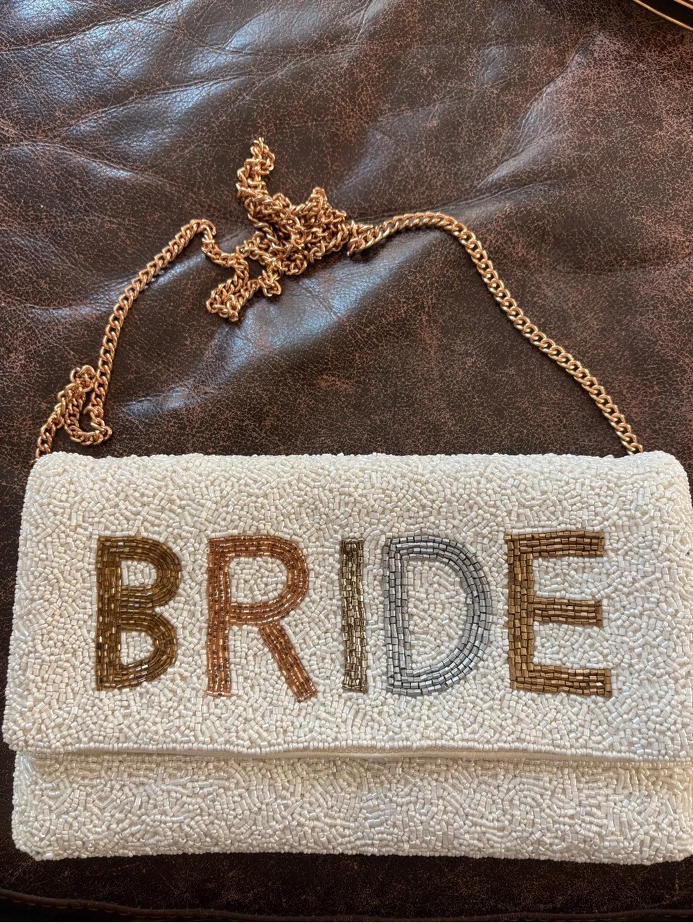 BRIDE Beaded White Clutch with Metallic Chain